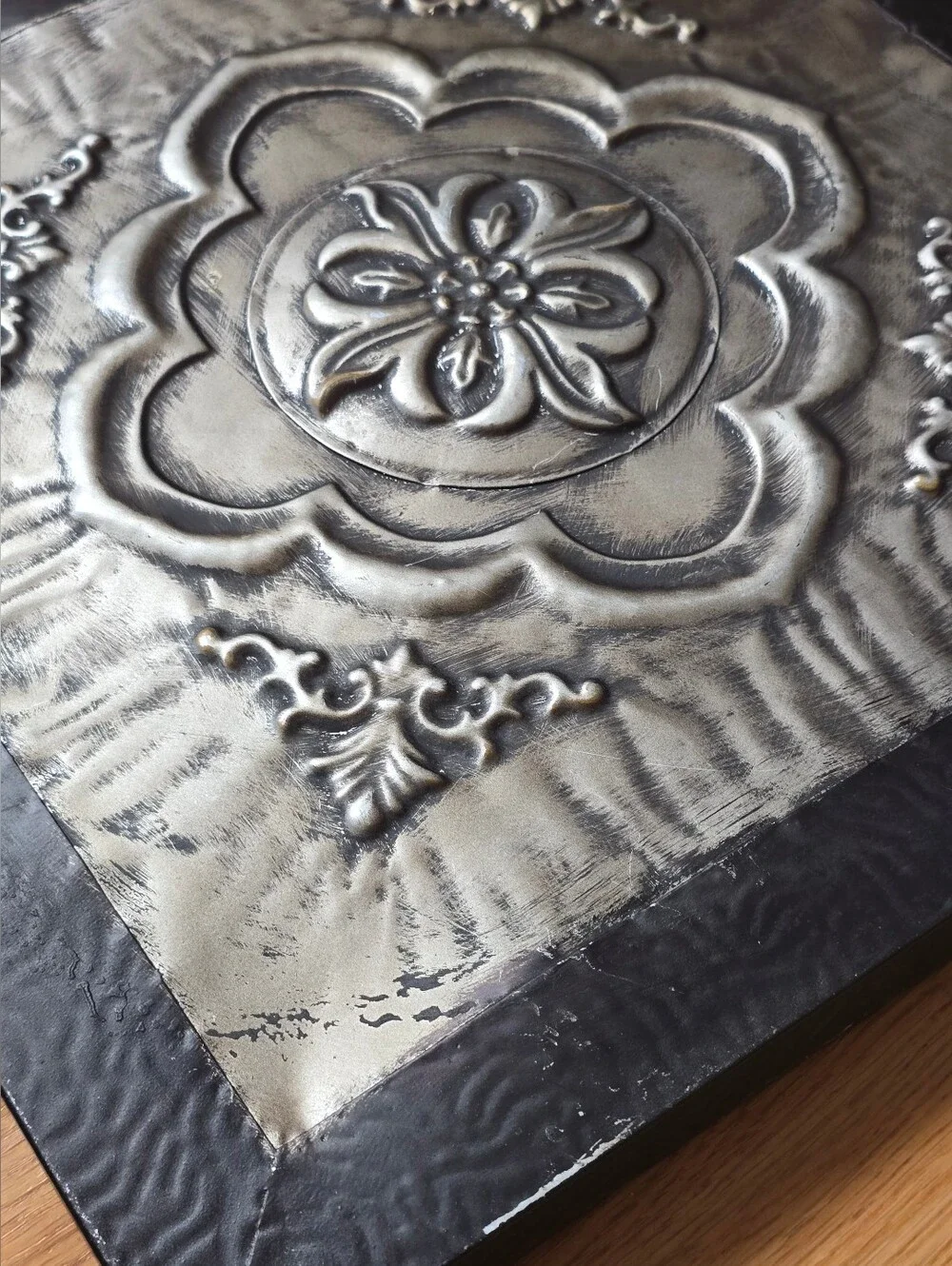 2 Silver Black Tin Metal Wall Art Vintage Style 16x16